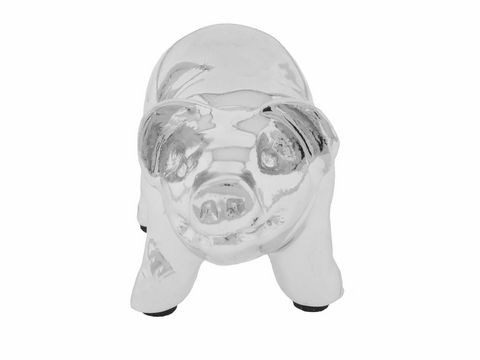 Standfigur aus versilbertem Material in Form eines Schweinchens, Maße 5,7 x 3,4 cm, Hersteller Juwelier Harnisch, dekoratives und stilvolles Objekt für Sammler.