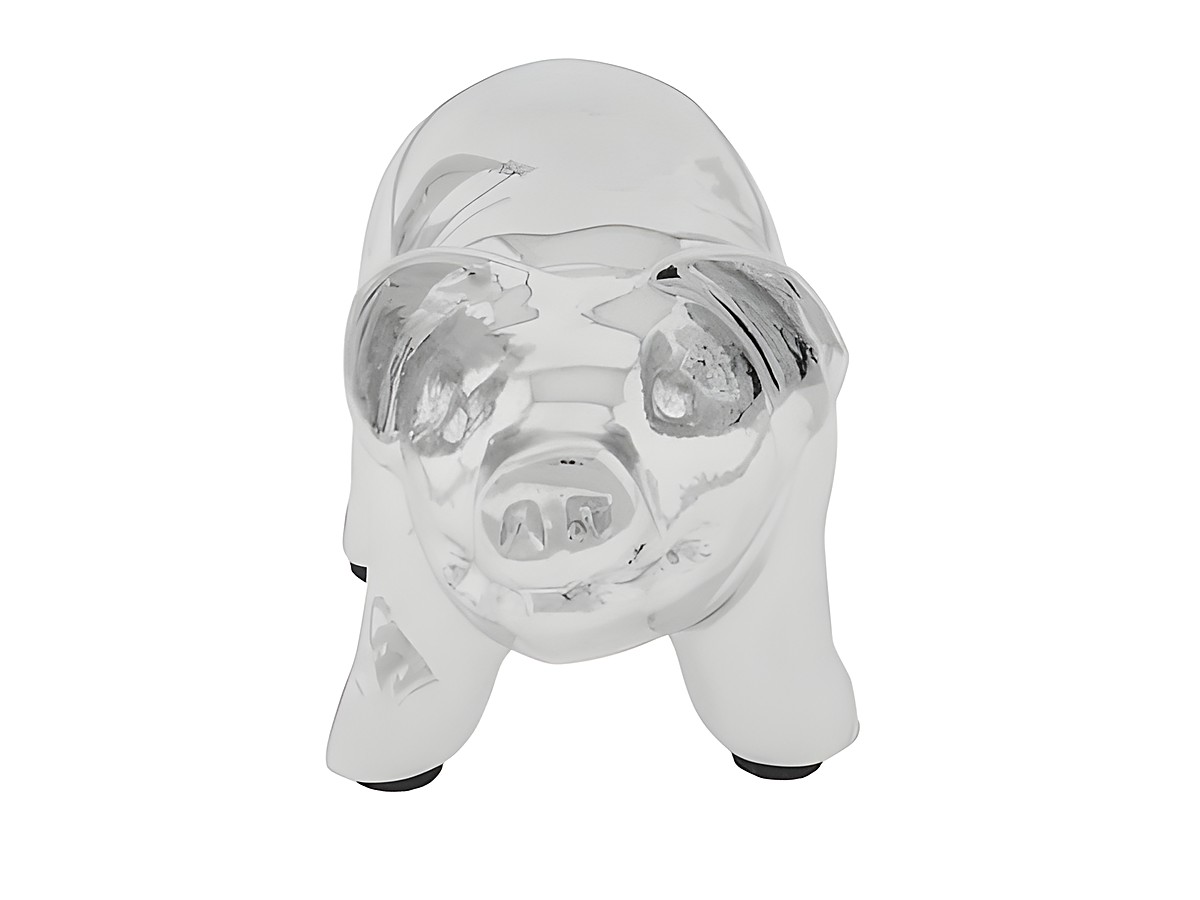 Standfigur aus versilbertem Material in Form eines Schweinchens, Maße 5,7 x 3,4 cm, Hersteller Juwelier Harnisch, dekoratives und stilvolles Objekt für Sammler. – Ansicht 2