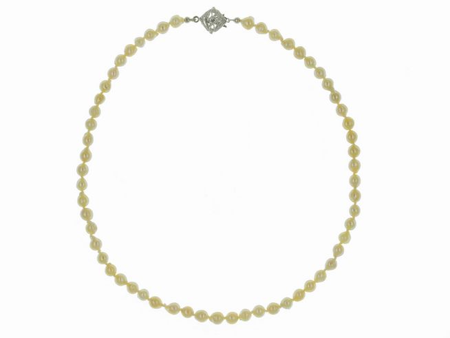Perlenkette aus Süßwasser-Zuchtperlen in Barockform, 6-6,5 mm, in creme und champagnerfarben mit einem silbernen Verschluss, 49 cm lang, hergestellt von Juwelier Harnisch, klassisch.
