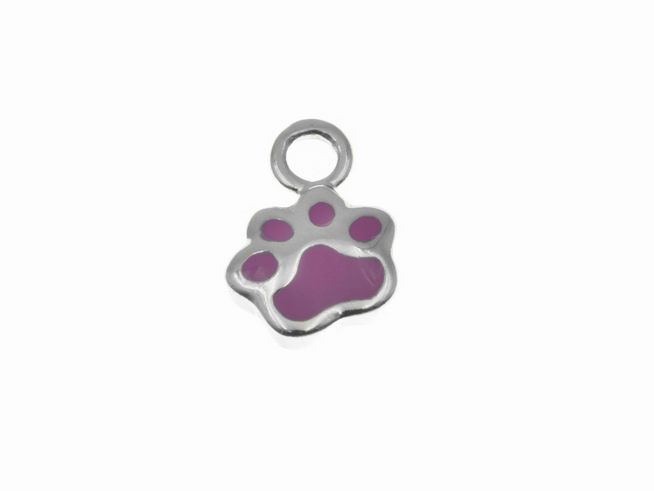 Einhänger für Creolen in Form einer Pfote aus rhodiniertem Sterling Silber mit rosa Emaille-Füllung, hergestellt von Juwelier Harnisch. Ideal für tierliebende Schmuckfans.