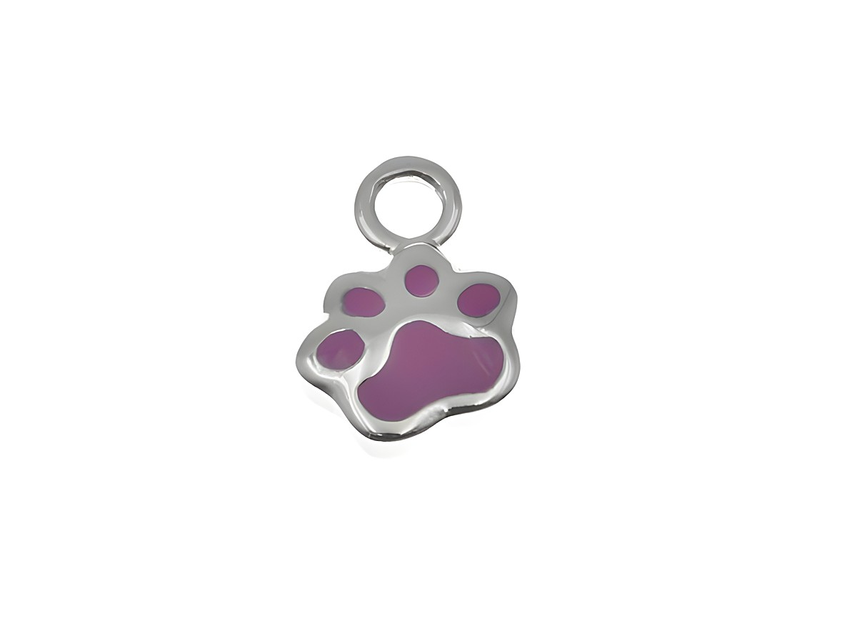 Einhänger für Creolen in Form einer Pfote aus rhodiniertem Sterling Silber mit rosa Emaille-Füllung, hergestellt von Juwelier Harnisch. Ideal für tierliebende Schmuckfans.