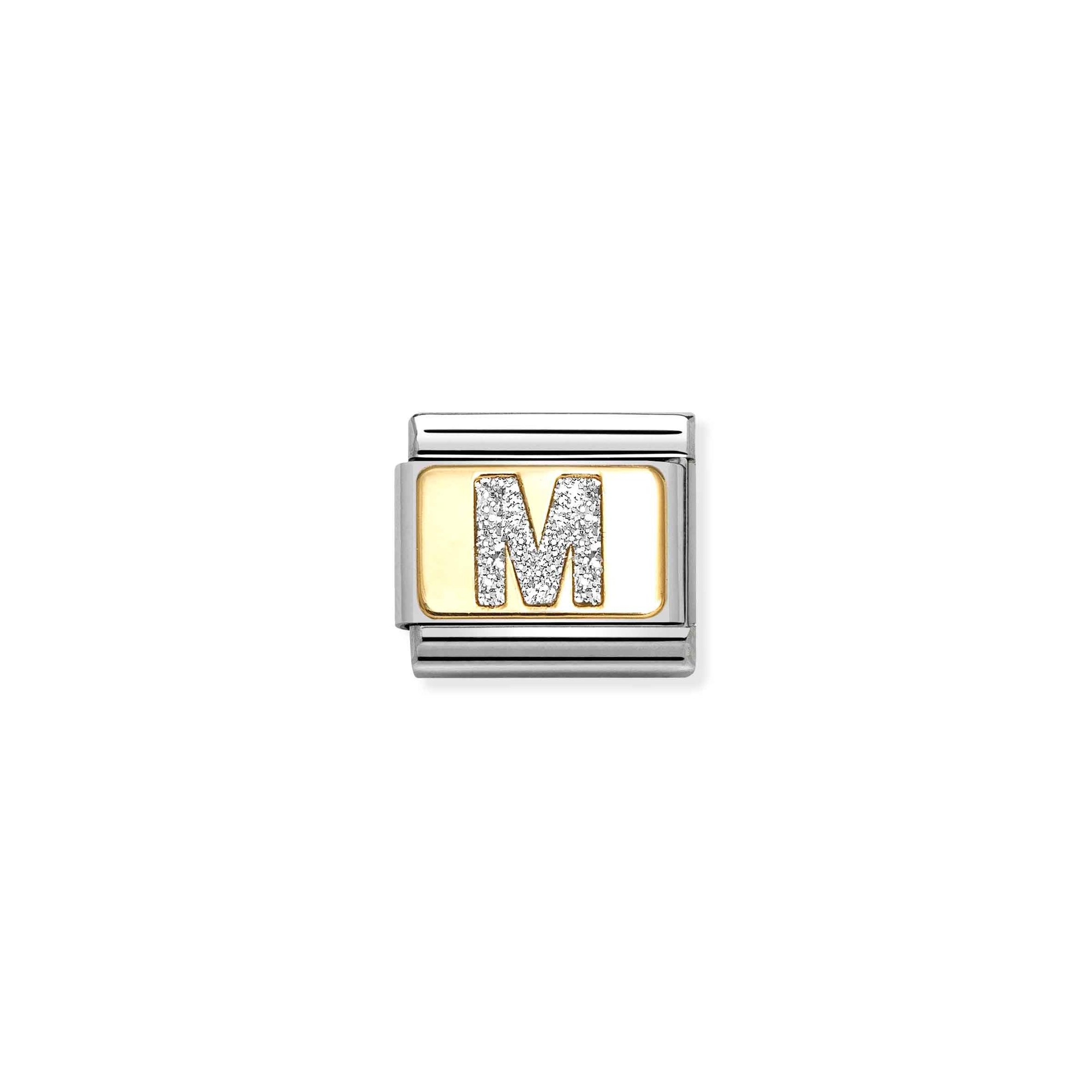 Nomination Composable Classic Charm Buchstabe M Silberglitzer - Edelstahl, Gold 750, Emaille