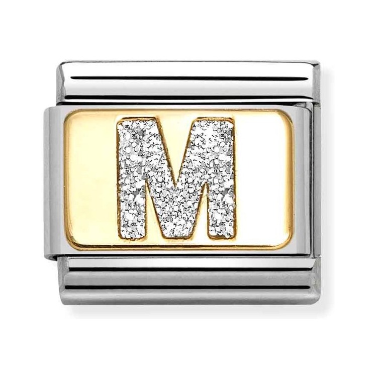 Nomination Composable Classic Charm Buchstabe M Silberglitzer - Edelstahl, Gold 750, Emaille