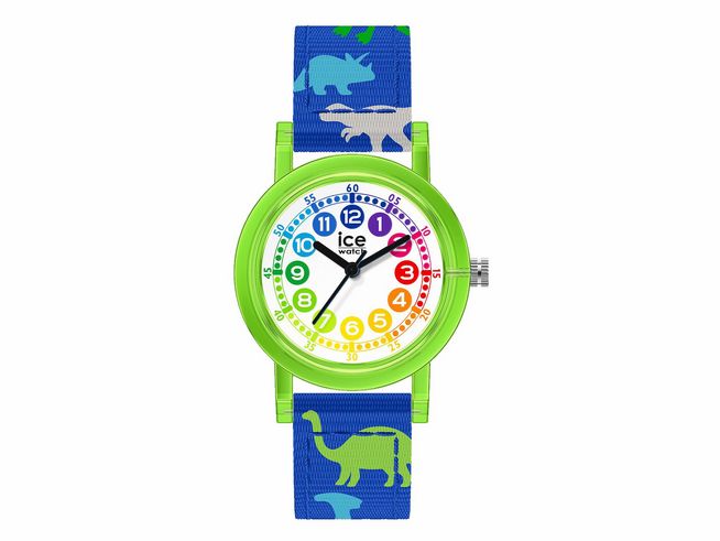 Bunte Ice Watch Uhr 022693 mit einem grünen Gehäuse und einem blauen Textilarmband, das Dinosaurier-Motive zeigt, ideal für Kinder zum Lernen der Uhrzeit.