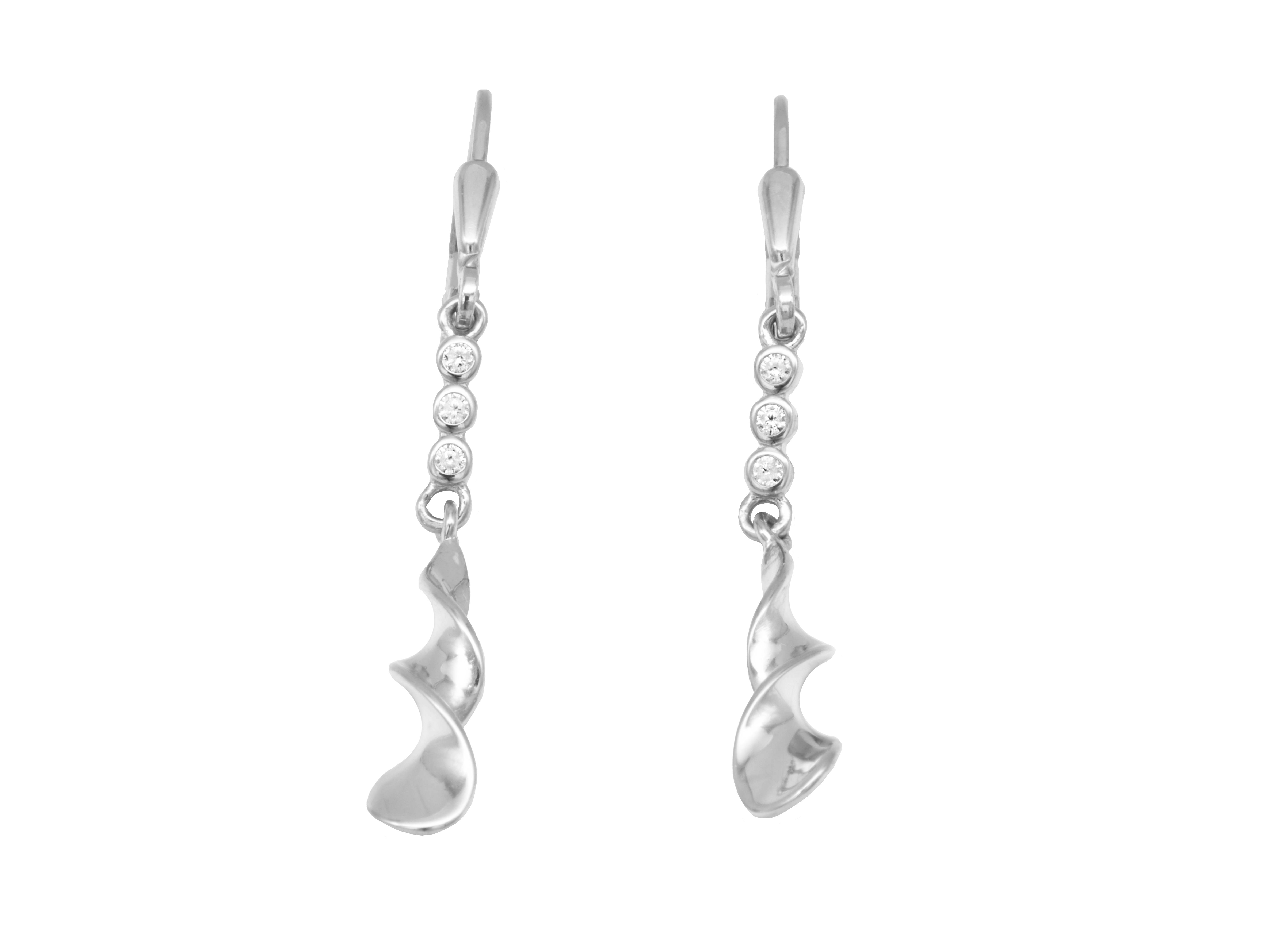 Ohrhänger Spirale aus Sterling Silber 925, rhodiniert und poliert, mit Zirkonia-Steinen, designiert von Juwelier Harnisch, elegant und zeitgemäß.