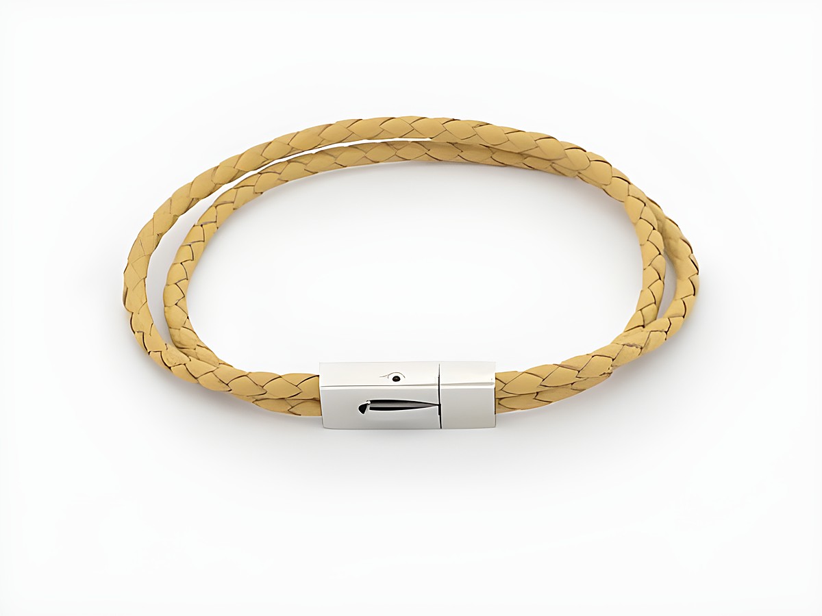 Armband aus Leder, 2 fach geflochten in ocker, 20 cm, Hersteller Juwelier Harnisch, elegantes Lederarmband mit Metallverschluss.
