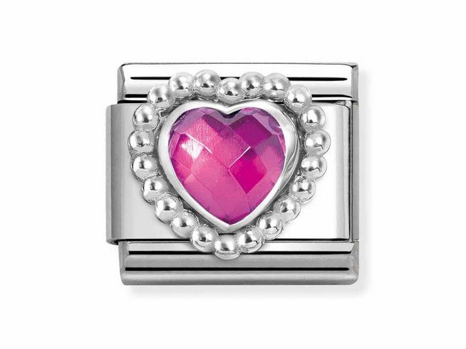 433060530-0 Silberne Herz Kugelfassung mit magentafarbenem facettiertem Stein, umgeben von einer Perlenbordüre, erstellt von Nomination, Modell Classic 330605 30.