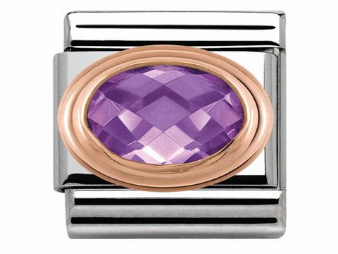 Edelstahlarmband mit einem ovalen, facettierten violetten Zirkonstein, umrahmt von Roségold, klassisches Design von Nomination, Modellnummer 430601 001.