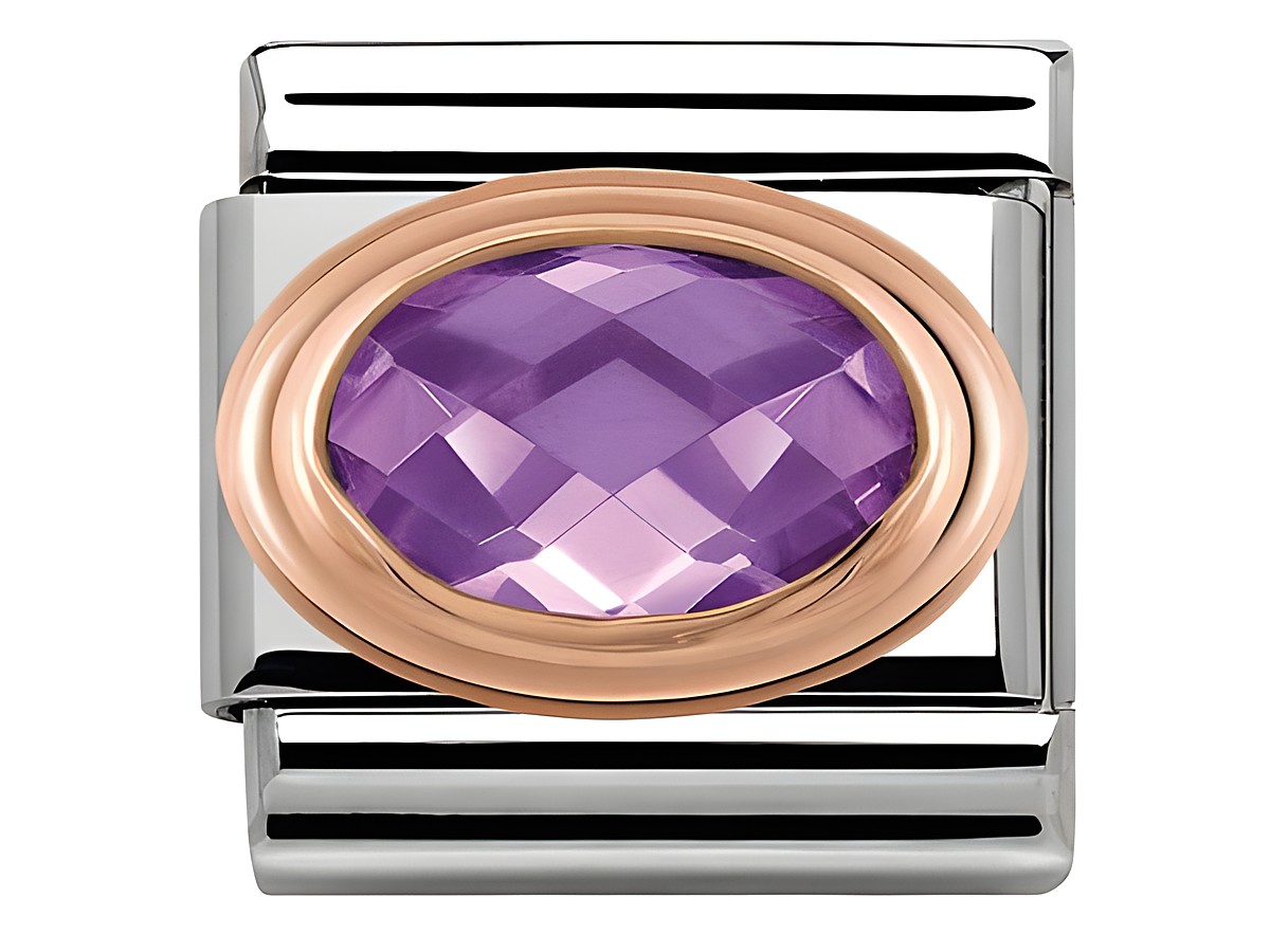 Edelstahlarmband mit einem ovalen, facettierten violetten Zirkonstein, umrahmt von Roségold, klassisches Design von Nomination, Modellnummer 430601 001.