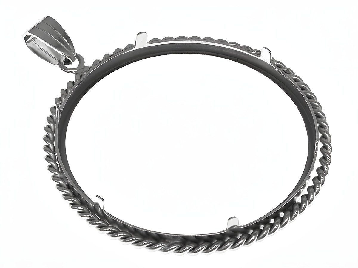 Münzfassung Anhänger aus rhodiniertem 925 Sterling Silber, geeignet für Münzen mit einem Durchmesser von bis zu 40 mm, mit einer schicken Kordelung am Rand, Hersteller Juwelier Harnisch. – Ansicht 2