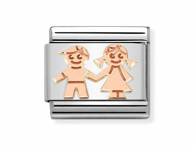 Zwei stilisierte Kinderfiguren aus Edelstahl und Roségold halten Händchen, symbolisieren Geschwisterliebe, gefertigt von Nomination, Modell Classic 430104 33.