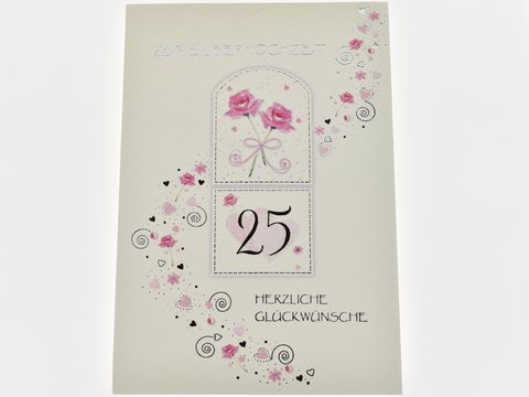 Hochzeitskarte mit rosefarbenen Rosen und filigranen Ranken, Hersteller Juwelier Harnisch, enthält die Zahl 25 und den Text Herzliche Glückwünsche.