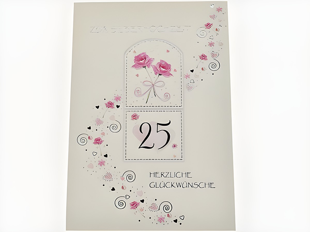 Hochzeitskarte mit rosefarbenen Rosen und filigranen Ranken, Hersteller Juwelier Harnisch, enthält die Zahl 25 und den Text Herzliche Glückwünsche.