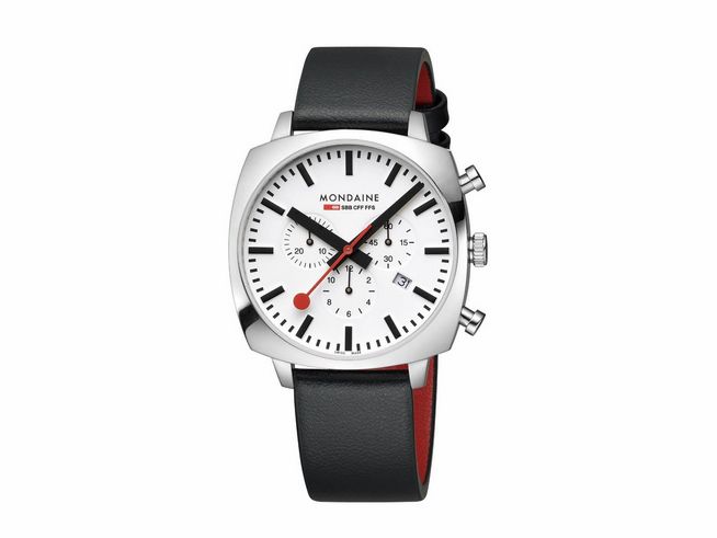 Elegante Mondaine Cushion MSL.41410.LBV.SET Armbanduhr mit schwarzem Lederarmband, silberner Gehäusefarbe und klarem Ziffernblatt mit roten Akzenten, Durchmesser 41 mm.