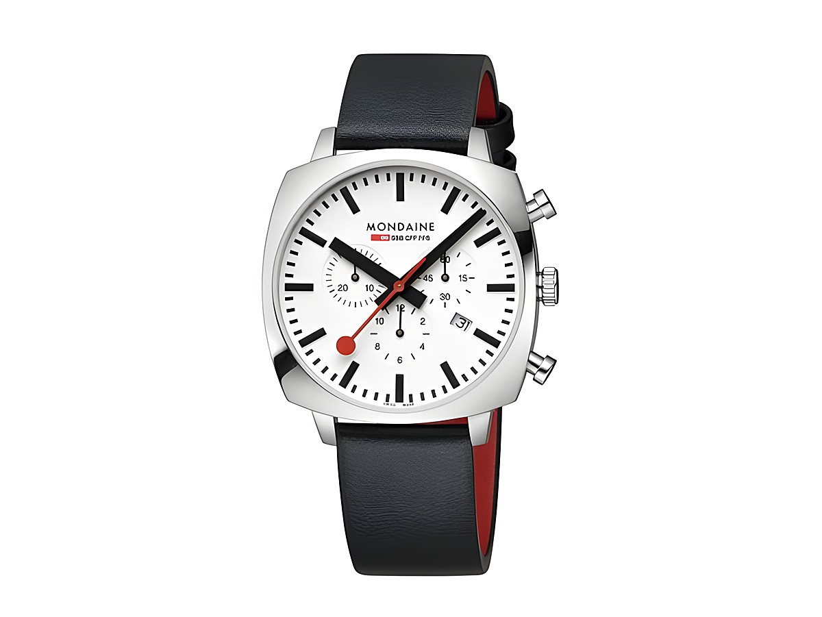 Elegante Mondaine Cushion MSL.41410.LBV.SET Armbanduhr mit schwarzem Lederarmband, silberner Gehäusefarbe und klarem Ziffernblatt mit roten Akzenten, Durchmesser 41 mm.