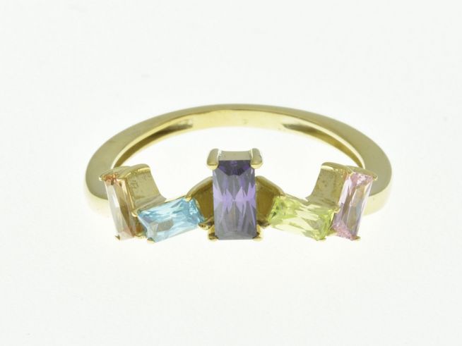 304581-0 Steinmix Ring aus Sterling Silber mit gelbgoldvergoldeter Oberfläche und Zirkonia in Größe 58, Hersteller Juwelier Harnisch, fünf farbige Steine mit elegantem Design.