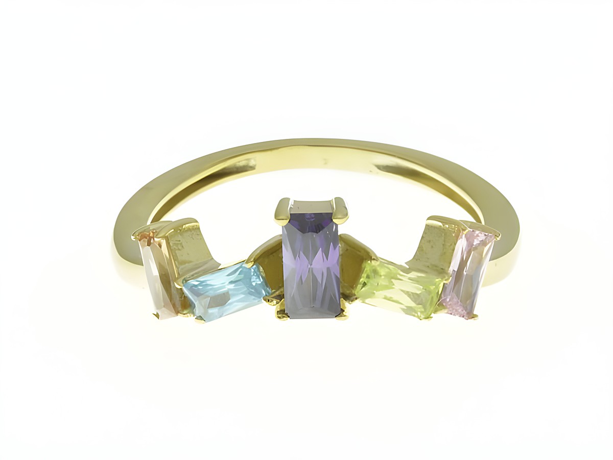 Steinmix Ring aus Sterling Silber mit gelbgoldvergoldeter Oberfläche und Zirkonia in Größe 58, Hersteller Juwelier Harnisch, fünf farbige Steine mit elegantem Design.