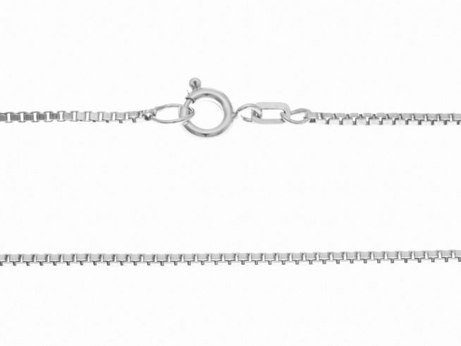 Silberkette rhodiniert Venezia kette 1,3 x 1,3 mm 70 cm Hersteller Juwelier Harnisch mit hochwertigem Karabinerverschluss auf hellem Hintergrund.
