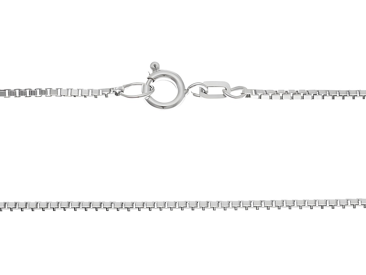 Silberkette rhodiniert Venezia kette 1,3 x 1,3 mm 70 cm Hersteller Juwelier Harnisch mit hochwertigem Karabinerverschluss auf hellem Hintergrund.