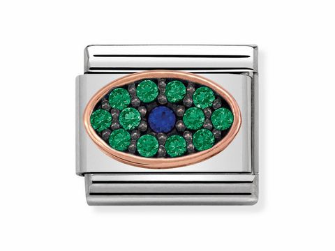 Ovaler Anhänger von Nomination in blau-grün mit grünen und blauen Steinen, eingefasst in einem glänzenden Metallrahmen. Ideal für stilvolle Armband-Kombinationen.