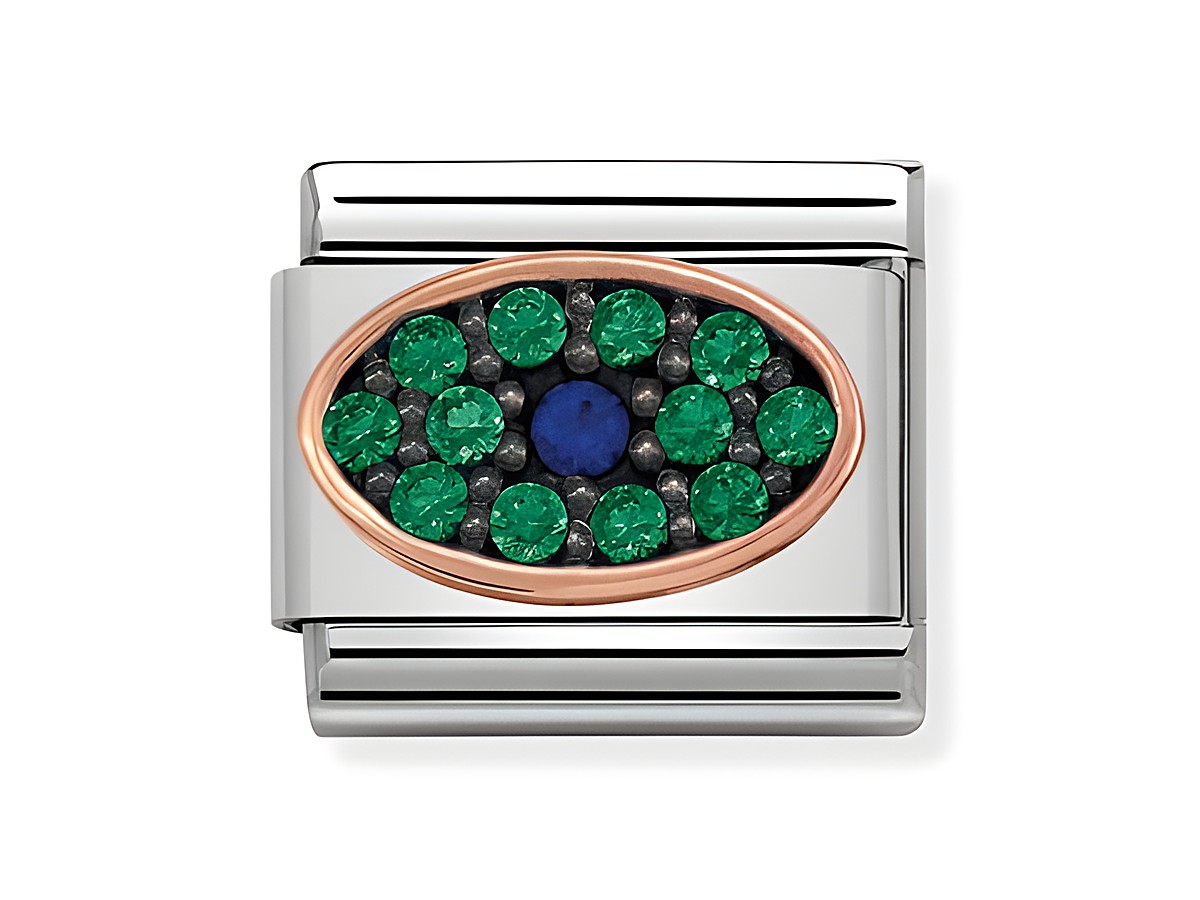 Ovaler Anhänger von Nomination in blau-grün mit grünen und blauen Steinen, eingefasst in einem glänzenden Metallrahmen. Ideal für stilvolle Armband-Kombinationen.