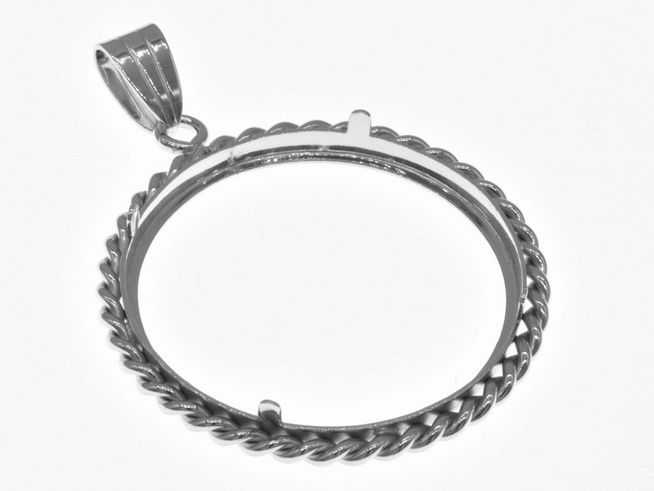 Münzfassung Anhänger aus rhodiniertem 925 Sterling Silber mit Kordel-Design und einem Durchmesser von 30 mm, geeignet für Münzen bis 3,0 cm. Hersteller Juwelier Harnisch.