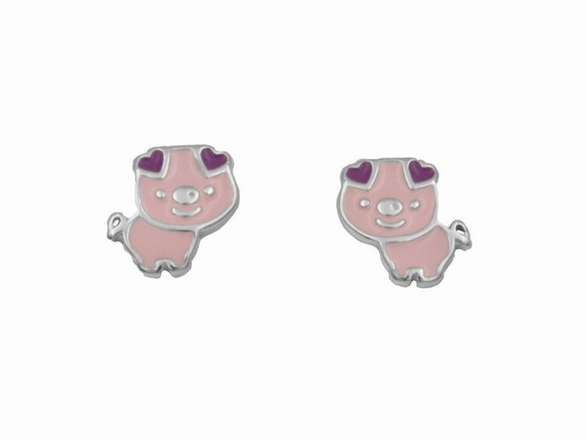 Ohrstecker Schweinchen aus 925 Sterling Silber, poliert und rhodiniert, für Kinder, mit niedlichem pinkfarbigen Schweinchen-Design und lila Herzen. Hersteller Juwelier Harnisch.