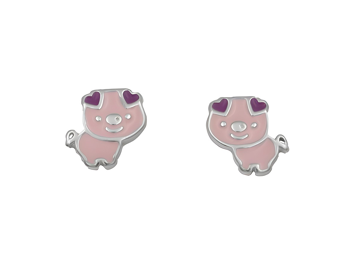 Ohrstecker Schweinchen aus 925 Sterling Silber, poliert und rhodiniert, für Kinder, mit niedlichem pinkfarbigen Schweinchen-Design und lila Herzen. Hersteller Juwelier Harnisch.
