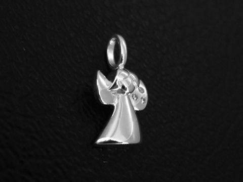 Silber Anhänger kleiner Engel Schutzengel Glücksbringer mit drei Zirkonia, Hersteller Juwelier Harnisch, in eleganter und filigraner Ausführung.