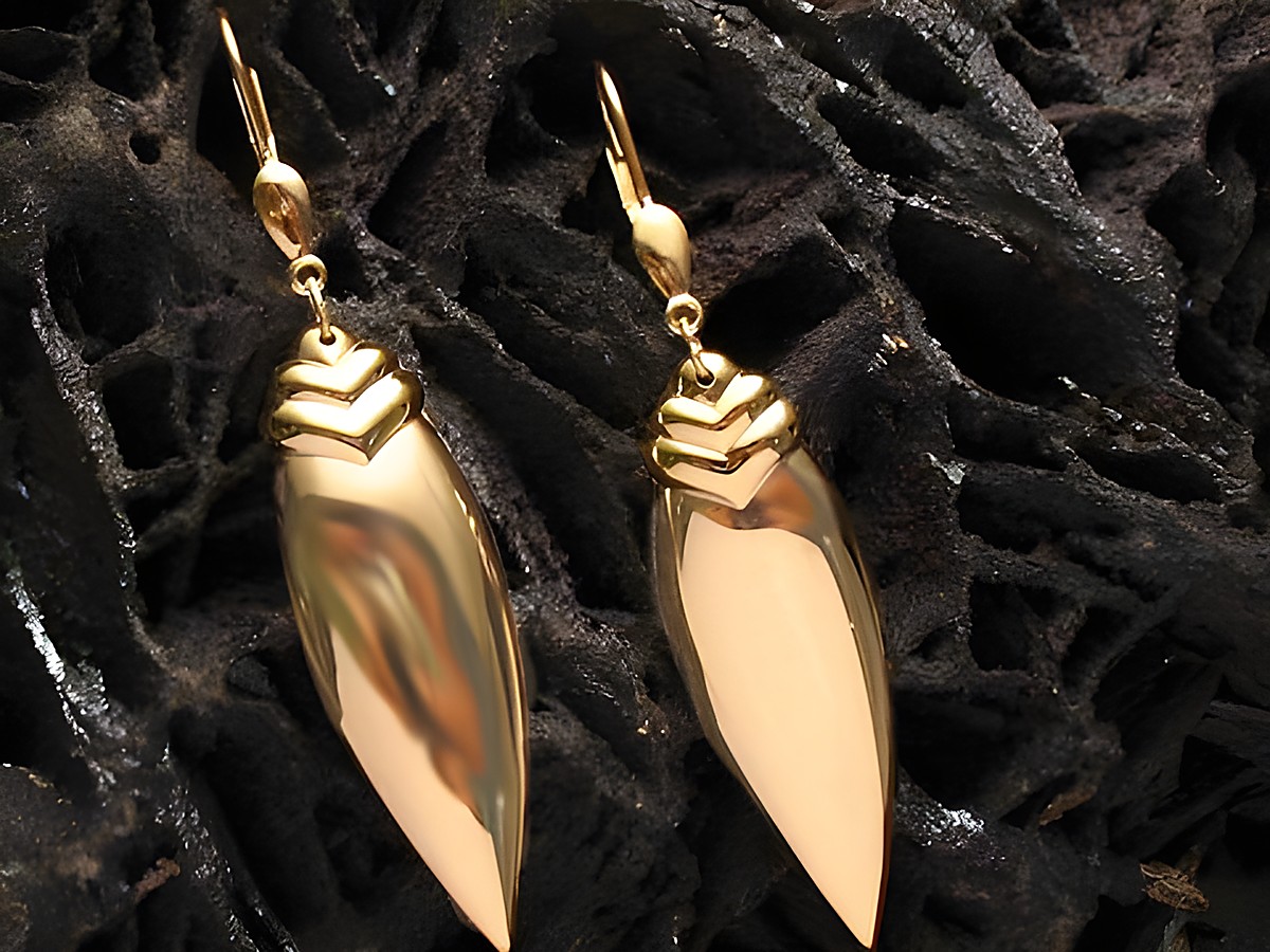 Individuelle Ohrhänger aus echt Gold vom Juwelier Harnisch, ohne Stein, in eleganter Form, glänzende Oberfläche mit ausgefallenem Design.