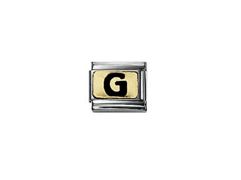 Nomination Classic Buchstabe G in schwarzer Emaille, umrahmt von hochwertigem Edelstahl, ideal für individuelle Armbänder und Schmuckdesigns. Elegantes und stilvolles Accessoire.