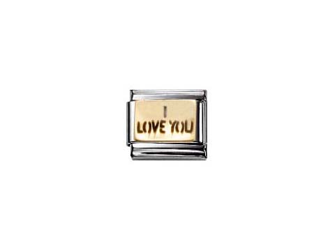 Classic MESSAGES YOU ohne Herz 030261 06 von Nomination zeigt ein charmantes Armbandglied mit emaillierter goldfarbener Fläche und der Aufschrift I LOVE YOU in schwarzer Schrift.