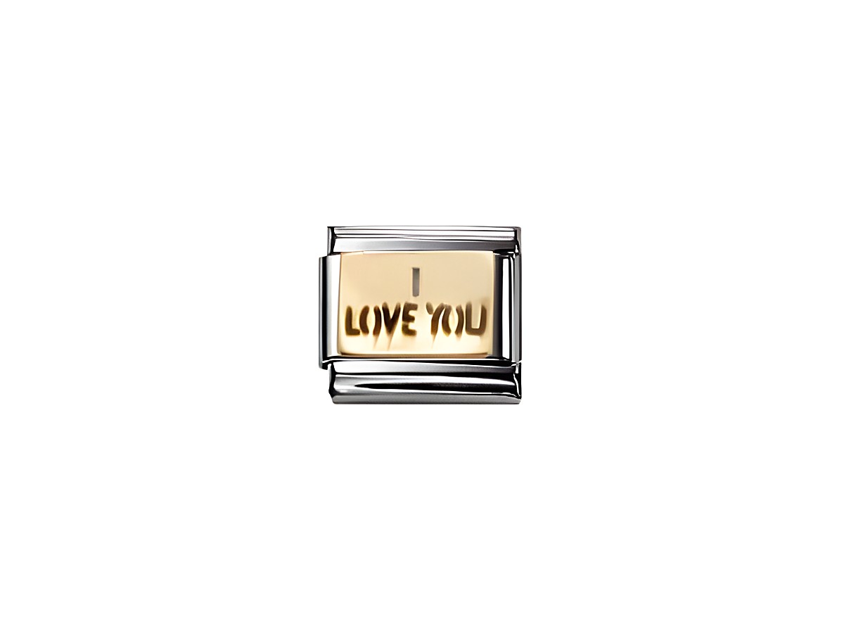 Classic MESSAGES YOU ohne Herz 030261 06 von Nomination zeigt ein charmantes Armbandglied mit emaillierter goldfarbener Fläche und der Aufschrift I LOVE YOU in schwarzer Schrift.
