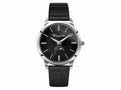 Thomas Sabo Herrenuhr WA0325-218-203 mit einem schwarzen Ziffernblatt, silbernem Gehäuse und schwarzem Lederarmband, ausgestattet mit dem Spirit Moonphase Movement.