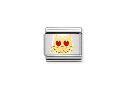 Katze mit Herzaugen aus emailliertem Metall in Gold und Silber von Nomination Classic, Modell 030272 43, ideal für Liebhaber von verspieltem Schmuck.