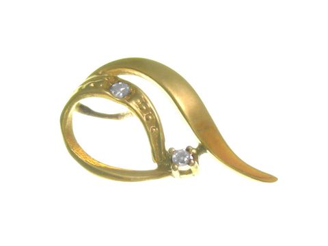 Gold Anhänger mit geschwungener Form, verziert mit zwei Diamanten, 0,02 ct, Hersteller Juwelier Harnisch, ideale Schmuckstück für elegante Anlässe.