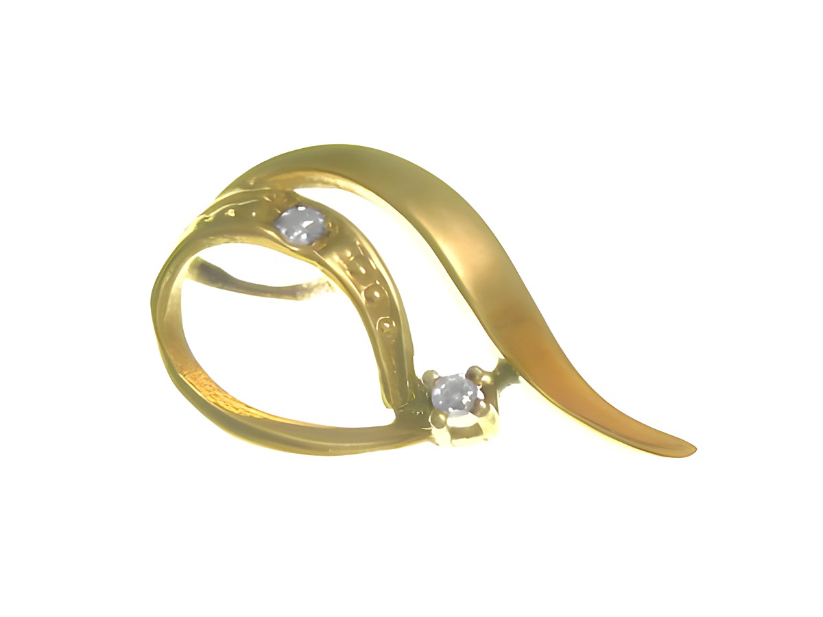Gold Anhänger mit geschwungener Form, verziert mit zwei Diamanten, 0,02 ct, Hersteller Juwelier Harnisch, ideale Schmuckstück für elegante Anlässe.