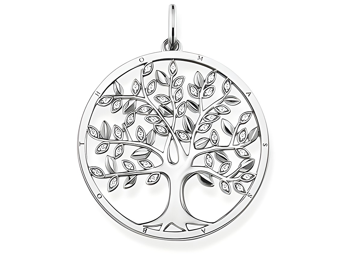 Silberner Anhänger von Thomas Sabo in Baumdesign mit weißen Zirkonia. Der Anhänger zeigt filigrane Äste und Blätter in runder Form. Ideal als Schmuckstück zum Verschenken oder für den Eigenbedarf.