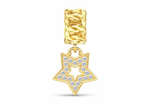 Ein goldfarbener Charm mit glänzenden, mit Zirkonia besetzten Sternen und einer dekorativen Kette, inspiriert von Jennifer Lopez, ideal für stilvolle Akzente.