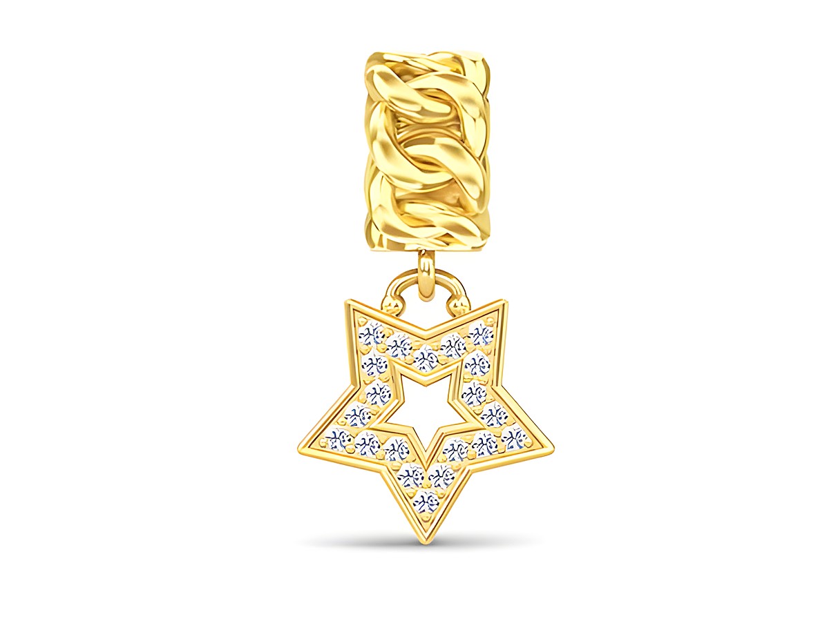 Ein goldfarbener Charm mit glänzenden, mit Zirkonia besetzten Sternen und einer dekorativen Kette, inspiriert von Jennifer Lopez, ideal für stilvolle Akzente.
