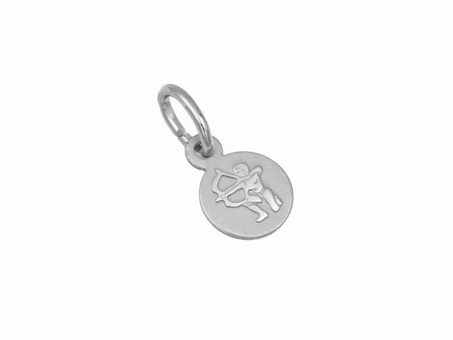 Mini Silber Anhänger im Design des Sternzeichens Schütze, teilmattiert und rhodiniert, rund geformt, ideal für Schmuckliebhaber und als persönliches Geschenk.