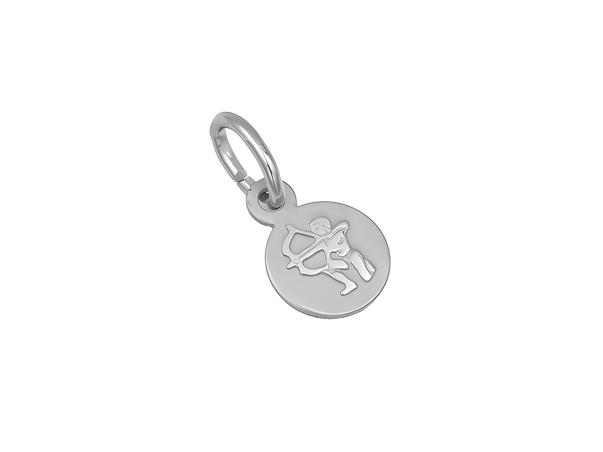 Mini Silber Anhänger im Design des Sternzeichens Schütze, teilmattiert und rhodiniert, rund geformt, ideal für Schmuckliebhaber und als persönliches Geschenk.
