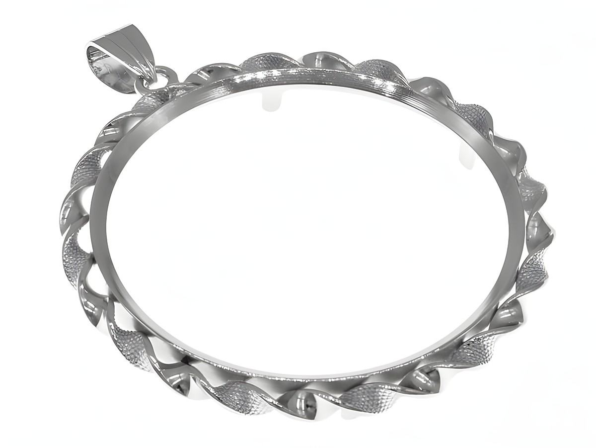 Münzfassung Anhänger aus 925 Sterling Silber rhodiniert, mit einem Durchmesser von maximal 40 mm für Münzen, elegantes Design mit Kordel-Optik, hergestellt von Juwelier Harnisch.