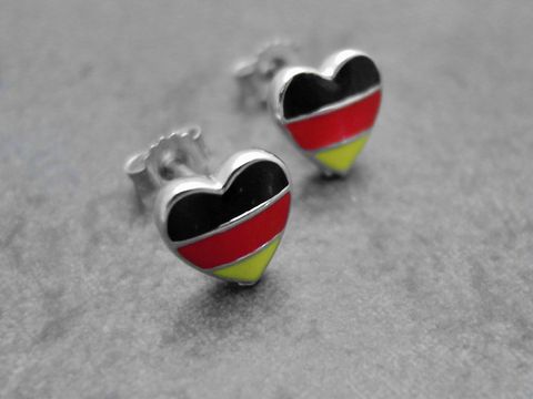 Herz Ohrringe aus Sterling Silber rhodiniert in Schwarz, Rot und Gold; sportliches Design für Deutschland-Fans, Hersteller Juwelier Harnisch, ideal für jeden Anlass.