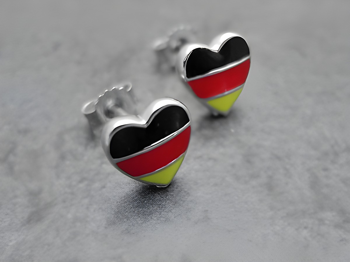 Herz Ohrringe aus Sterling Silber rhodiniert in Schwarz, Rot und Gold; sportliches Design für Deutschland-Fans, Hersteller Juwelier Harnisch, ideal für jeden Anlass.