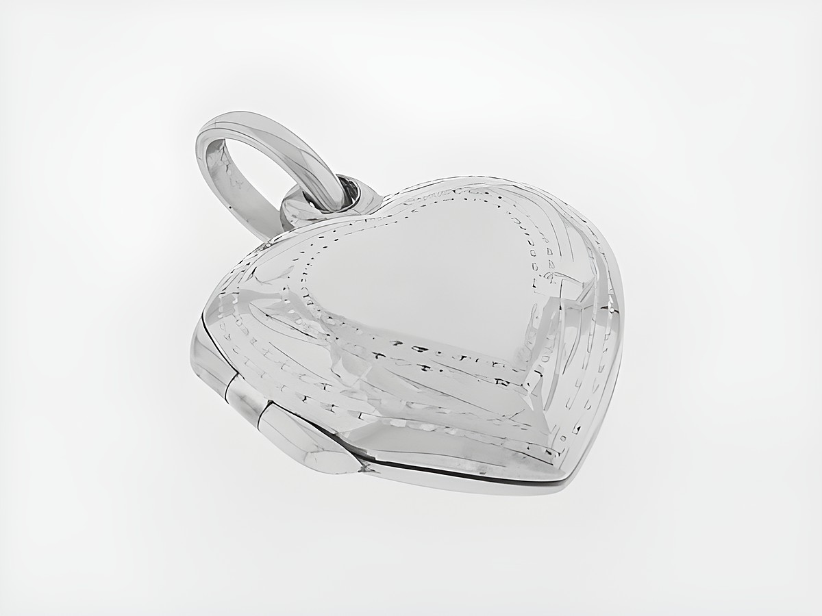 Silber Medaillon in Herzform, rhodiniert mit filigranem Rand, Hersteller: Juwelier Harnisch, elegantes Design für besondere Anlässe.