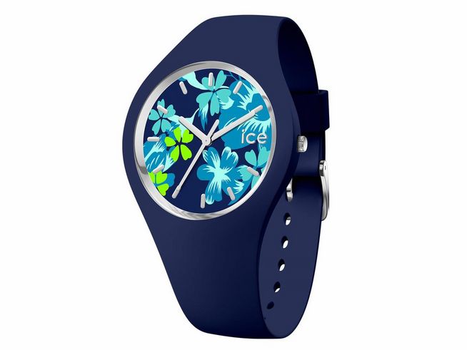 Die Ice Watch ICE flower in Midnight lime besticht durch ein blühendes, farbenfrohes Ziffernblatt mit Blumenmotiven auf einem tiefblauen Armband. Hersteller: Ice watch, Medium.