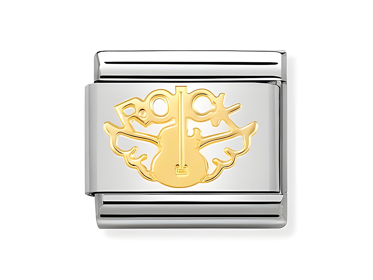 NOMINATION Classic GOLD Flügel mit Gitarre zeigt ein Schmuckstück mit einem goldenen Rockmotiv und einer Gitarre, umgeben von stilisierten Flügeln auf einem metallischen Hintergrund, Hersteller: Nomination, MADAME ET MONSIEUR.
