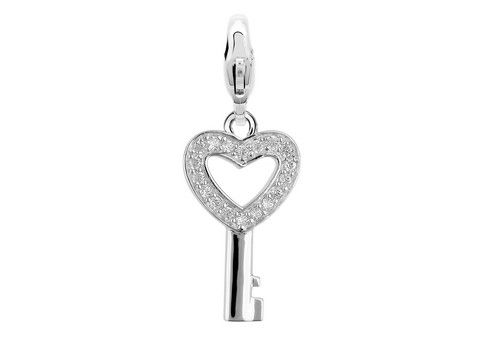 8808300-0 Silberner Charm in Form eines Schlüssels mit herzförmigem Ausschnitt und funkelnden Zirkonia, Hersteller Ti Sento, Symbol für Liebe und Zuneigung.