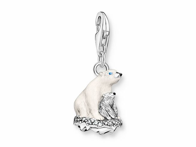 Charm-Anhänger aus Sterling Silber mit geschwärztem Kaltemail und Zirkonia, zeigt eine Eisbär Mama mit ihrem Baby, ideal für Tierliebhaber und Schmuckfans.